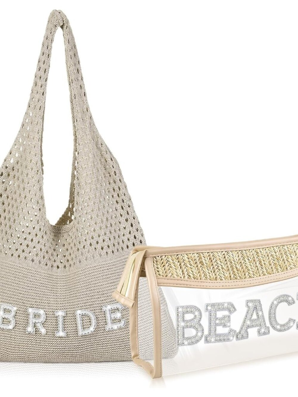 2 Pack Bride Beach Crochet Tote Bag and PVC Clear Makeup Bag with Pearl Rhinesto